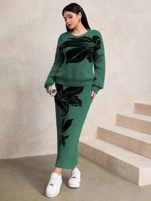 Modelyn 女士花卉提花毛衣和针织中长裙休闲两件套，秋冬款 - 軍綠色 - 查看 6