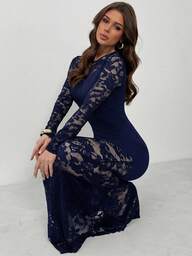 Firerie Elegant Sexy Party Dark Gothic Style Black Lace Patchwork Asymmetric Collar Cinched Waist Fishtail Maxi Dress, Autumn/Winter