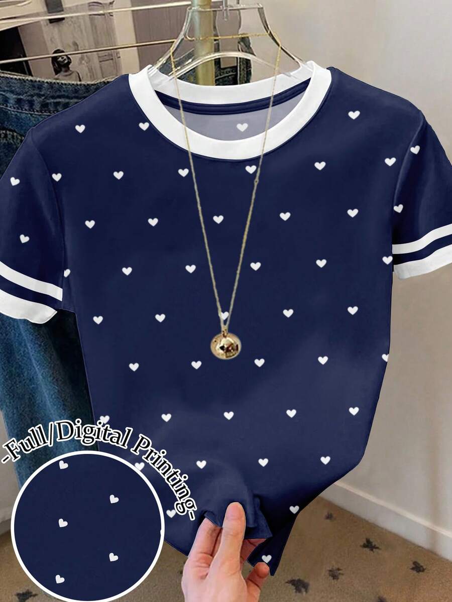 SHEIN 女士爱心印花宽松休闲撞色条纹圆领T恤上衣情人节T恤 - 彩色 - 查看 1