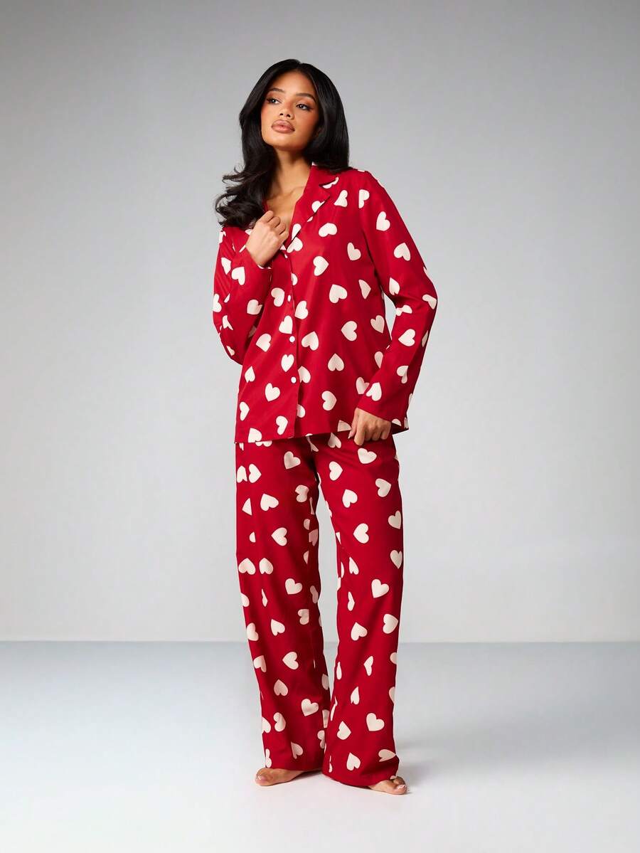 MISSGUIDED Heart Print Button Up Long Sleeve Pajama Set Sleepwear Loungewear Nightwear Valentine Gift - Red - View 1