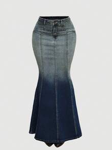 Sweetra Chân váy đuôi cá denim xếp ly cổ điển thời trang giản dị - Rửa trung bình - Xem 3