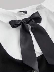 SHEIN MOD 大码蝴蝶结前荷叶边袖二合一连衣裙 - 黑與白 - 查看 3