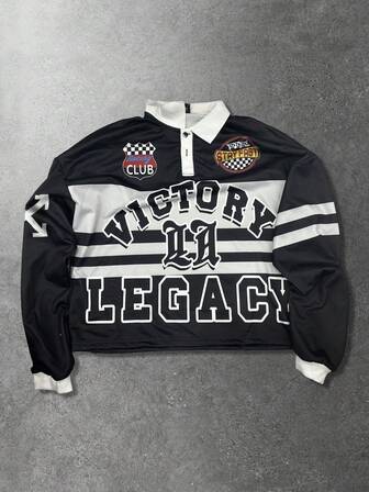 Street Life Camicia polo casual da uomo a maniche lunghe con stampa a contrasto di colore e lettera