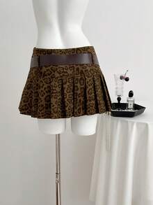 Elamini Bohemian Stil Vintage Leoparden Muster Minirock mit tiefer Taille, A-Linie, plissiert mit Gürtel für Damen, Herbst/Frühling - Braun - Übersicht 2
