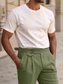 Manfinity Mode Men Buckled Detail Slant Pocket Suit Trousers - Olive Green - View 3