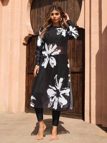 SHEIN Swim Plus Size Women's Black & White Floral Print 2-Piece Burkini Set - Multicolor - View 1