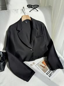 Comfortcana Plus Lapel Neck Crop Blazer Graduation,Back To School,Teacher Outfits For Women In Fall/Winter - Black - View 1