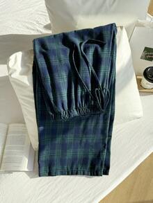 SHEIN EZwear 大码系带复古学院格子裤，秋冬 - 綠色 - 查看 3