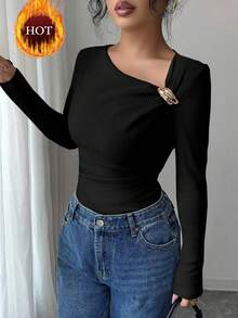 SHEIN Elenzya Women's Black Autumn Elegant Night Out Fleece Ribbed Oblique Collar Ruched Metal Button Decor Long Sleeve T-Shirt,Slim Fit Casual Top For Office - Black - View 1