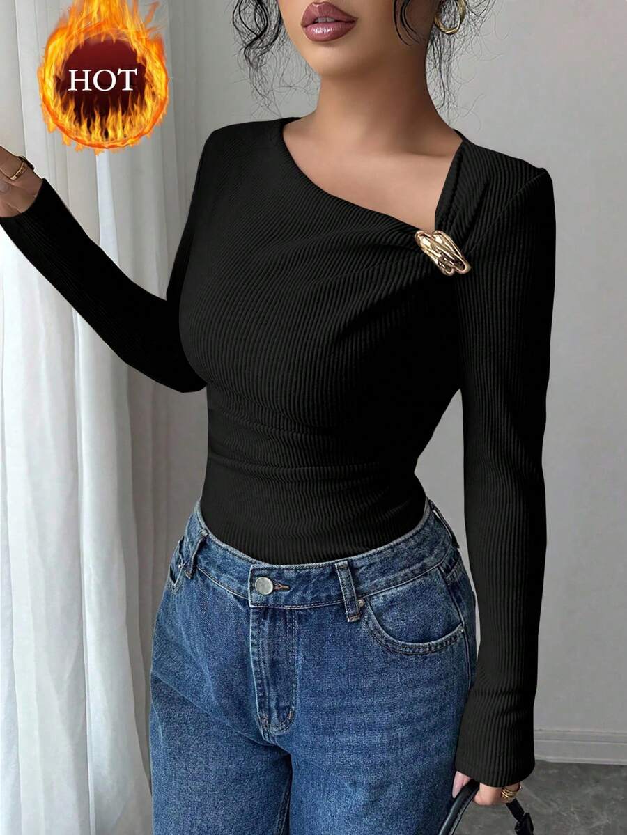 SHEIN Elenzya Women's Black Autumn Elegant Night Out Fleece Ribbed Oblique Collar Ruched Metal Button Decor Long Sleeve T-Shirt,Slim Fit Casual Top For Office - Black - View 1