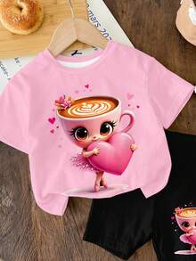 SHEIN 女婴休闲芭蕾舞咖啡杯印花宽松圆领短袖T恤和修身骑行短裤套装，适合春夏穿着 - 彩色 - 查看 4