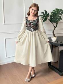 SHEIN Serisse Kids 奶油杏色女童系带提花连衣裙，方形领口，前系带腰部和泡泡袖，新款中国风花卉连衣裙，带扣装饰，秋季连衣裙，返校节服装，返校节连衣裙，返校节连衣裙，约会夜连衣裙，乡村风格，文艺复兴风格连衣裙 - 杏色 - 查看 5