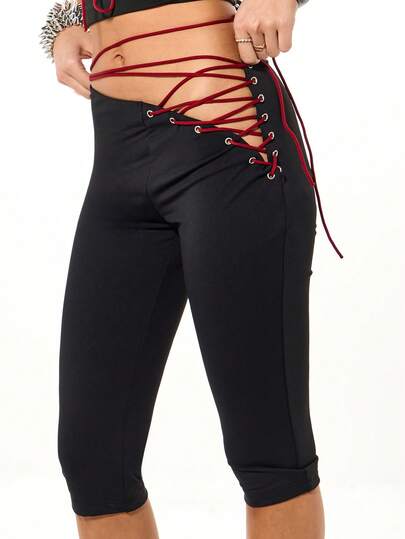 SUMWON WOMEN 系带七分紧身裤，侧边系带设计，针织面料，高腰侧边镂空细节，运动休闲裤