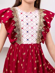 SHEIN Robe ronde de luxe à pois dorés pour préadolescentes, printemps/été, avec dentelle dorée délicate et volants en patchwork floral. Convient pour les mariages, les galas de gala et les événements culturels - Rouge - Voir 6