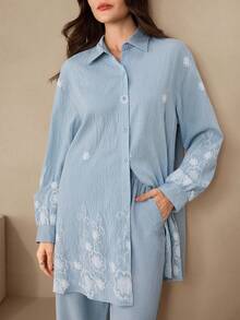 Graceveil 复古领泡泡印花休闲宽松长袖上衣和阔腿裤两件套女装 - 藍色 - 查看 3