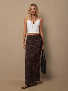 Freevana Women's Casual Bohemian Retro Western Paisley Cashew Flower Print Versatile Brown Knit Skirt, Suitable For Spring, Music Festival Outfit
