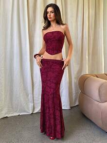 Aloruh Women's Elegant Jacquard Bandeau Top And Low Waist Mermaid Skirt 2 Piece Set, Party/Date/Christmas Outfit,Women Party 2 Piece Sets,Women Beach Outfis