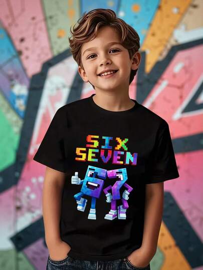 4-Season Versatile  Boys' Casual Fashion Creative Personalized Refreshing High-End Simple Colorful Digital 67 Lightning Graphic Letter Slogan Printed Relaxed Fit All-Match Short Sleeve T-Shirt, Comfortable Cozy Summer And Fall Styles Suitable For Tween Boys' Daily Casual Outfits