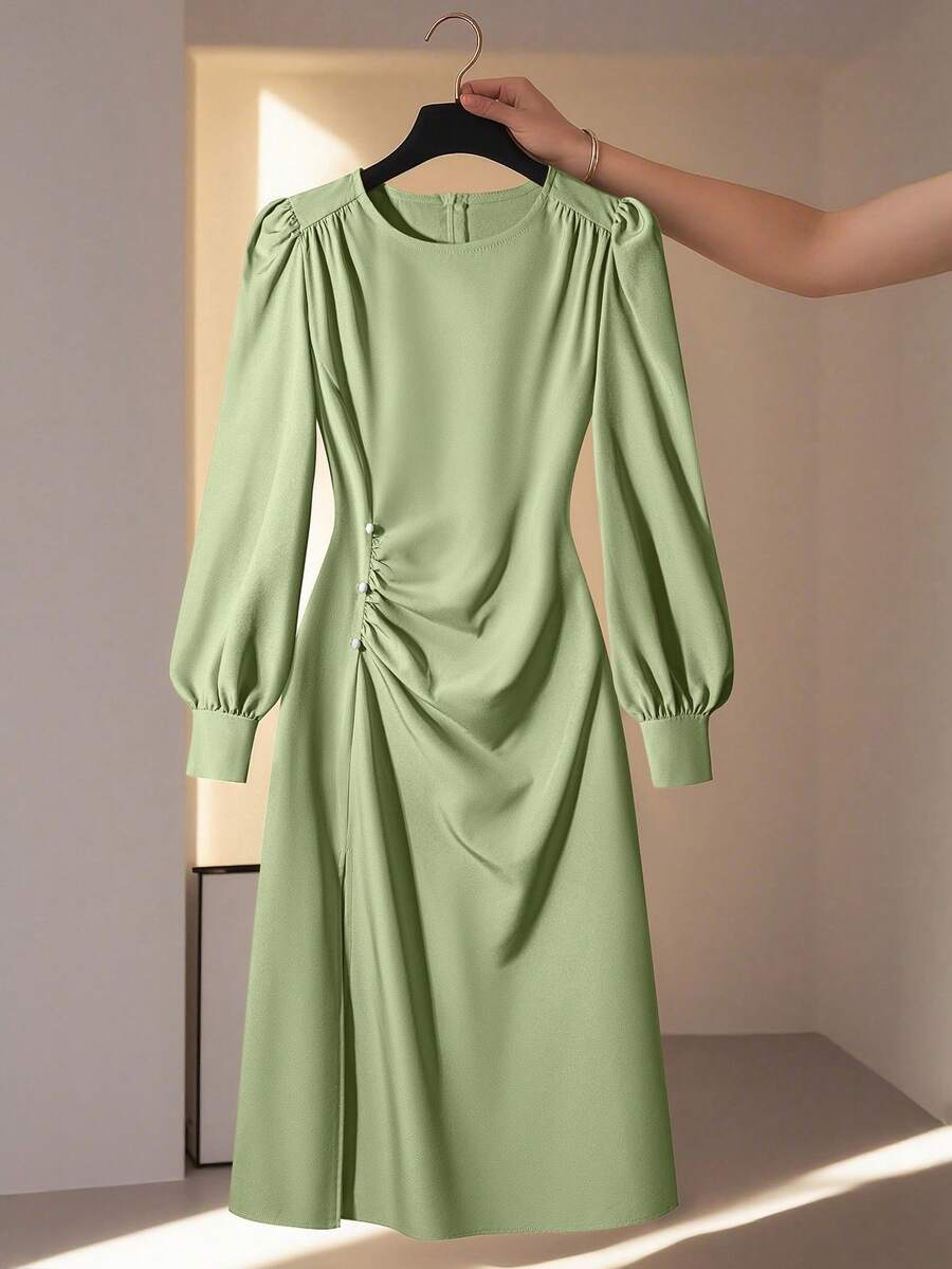Franclia Women's Solid Color Round Neck Ruffle Long Sleeve Elegant Dress - Green - View 1
