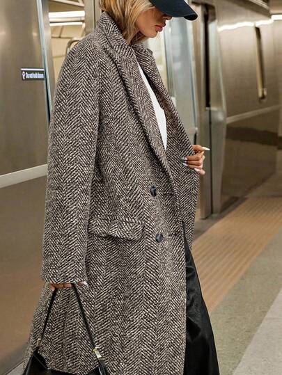 Siren Gaze Women's Autumn/Winter Lapel NeckHerringbone Double-Breasted Long Sleeve Long Casual Overcoat,Fall Brown