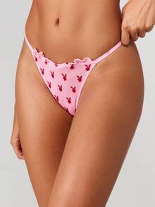 Missguided x Playboy Conjunto de lencería de bikini con escote en uve, volantes y estampado de conejito con Bottom con lazos para el Día de San Valentín - Rosa - Ver 4