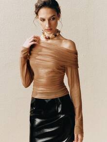 Arave Women's Casual Sequin Off-Shoulder Sheer Mesh Knit Top, Elegant & Sexy, Spring/Autumn New Year - Khaki - View 5