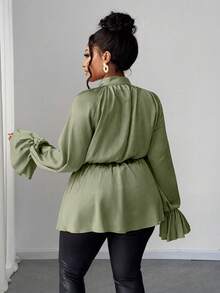 Maweii 大码女式纯色立领系腰长袖荷叶边袖口A字衬衫，优雅女士，适合圣诞节、新年、感恩节、休闲、派对、约会、庆典等场合。 - 軍綠色 - 查看 2