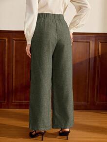 Vintamour 复古经典优雅女士长裤，修身撞色滚边长裤，棕色纽扣长裤，秋冬款 - 軍綠色 - 查看 2