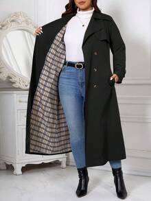 SHEIN Clasi Plus Size Women's Solid Color Lapel Collar Long Sleeve Double-Breasted Casual Long Trench Coat - Black - View 2