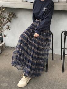 FRIFUL Women's Plaid Mesh Flared Skirt