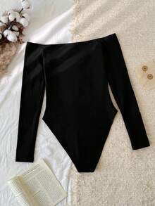 Tseoso 95% 纯棉性感纯色露肩长袖紧身衣，基本款分层单品，全年穿着，适合俱乐部，百搭百搭，秋冬，柔美女孩风格，休闲修身款，非常适合婚礼和秋季衣橱 - 黑色 - 查看 2