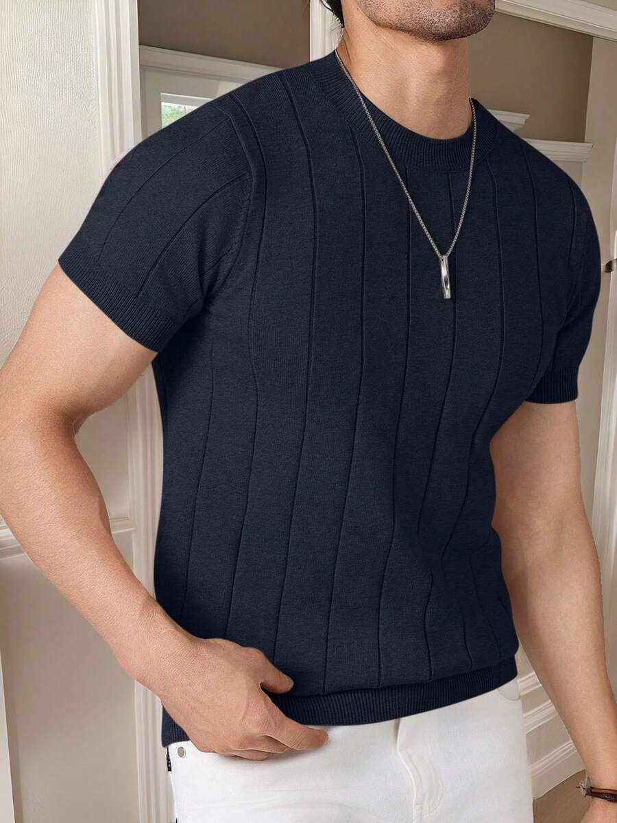 Manfinity Homme 男士休闲纯色短袖针织上衣 - 藏蓝色 - 查看 1