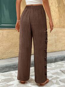 SHEIN Frenchy Women's Solid Color Hollow Out Twist Casual Pants - Chocolate Brown - View 2