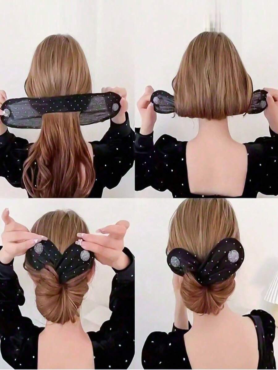 1 Peça Clipe de Cabelo com Laço de Strass Cintilante, Decoração de Laço de Tule, Clipe de Cabelo com Bola Enrolada, Adequado para Festa e Uso Diário - Multicolorido - Visão 1