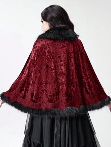 ROMWE Áo choàng Gothic cổ lông giả chắp vá họa tiết cung điện cổ điển dành cho nữ, viền ren nhung kim cương - Màu Đỏ Sâu - Xem 5