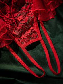 SpicyHot 1件性感蕾丝露肩连体衣，荷叶边装饰，镂空腰带设计，蝴蝶结点缀，热情红，情人节 - 紅色 - 查看 6