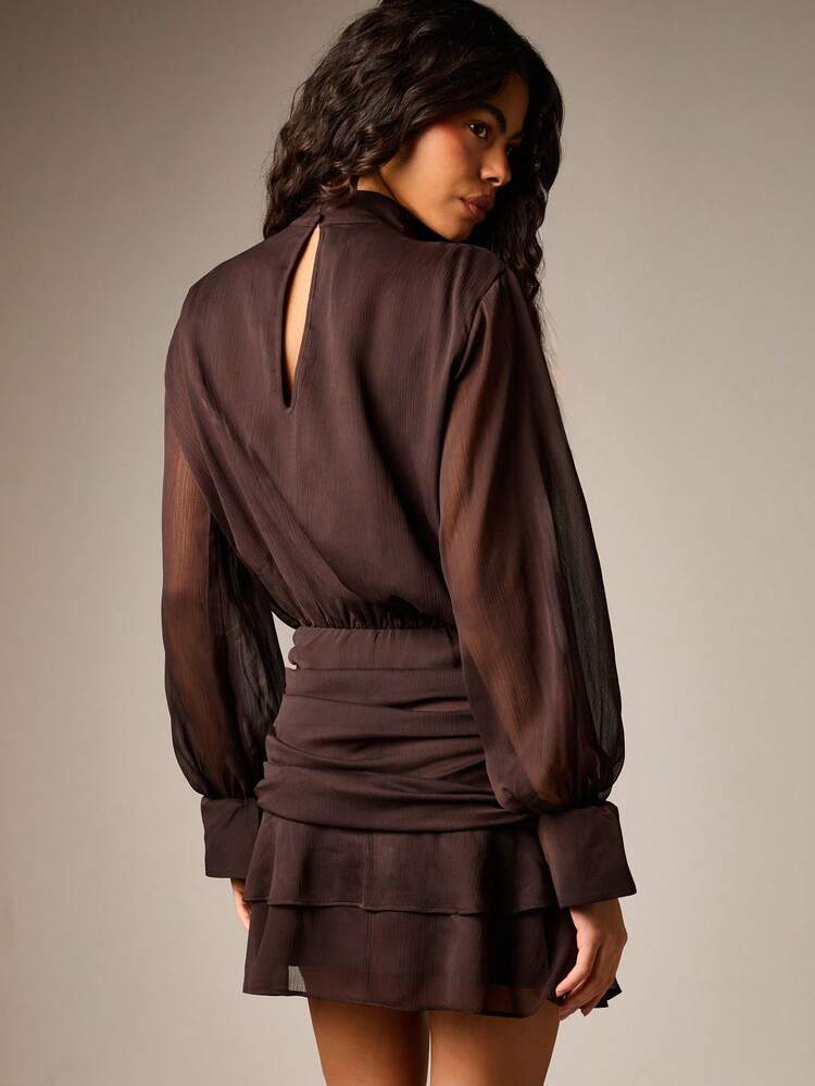 AiiRZ Ruched Turtleneck Long Sleeve Mini Dress With Tiered Ruffle Skirt Fall Winter Party Blouson Bodycon