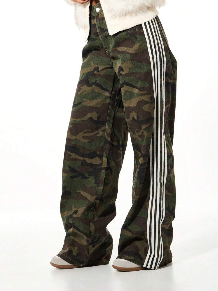 SUMWON WOMEN Camo Wide Leg Jeans With Side Stripes