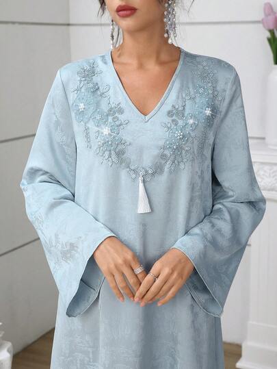 Al Najma Robe longue de style traditionnel turc et arabe, avec manches longues, broderie et perles de luxe