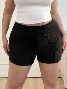 Comfortcana Plus Size Solid Color Knitted Cycling Shorts Black Micro Short Knit Shorts Stretchy Shorts Ribbed Shorts Black Micro Shorts - Black - View 3