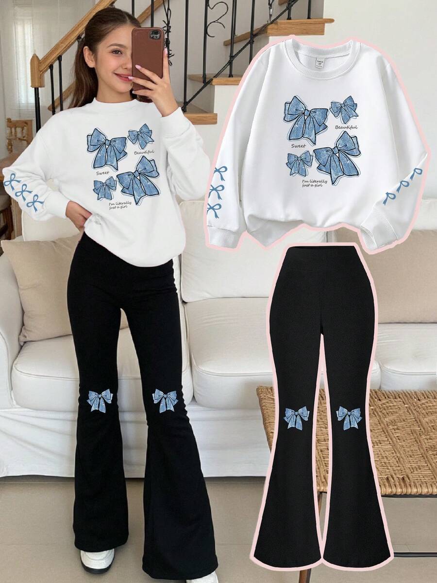 Sparklyn Conjunto de sudadera de cuello redondo blanca y pantalones acampanados negros para niñas, con lazo y estampado de letras de efecto vaquero, adecuado para otoño/invierno, conjunto de moda casual para niñas, ropa gráfica para niños con decoración de mariposas para primavera/verano - Multicolor - Ver 1