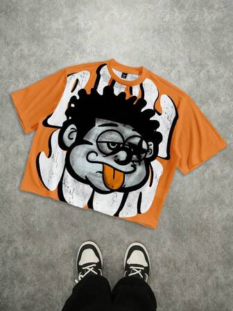 Manfinity EMRG Men's Casual Cartoon Print Round Neck Loose Cropped T-Shirt