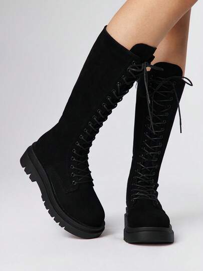 Goth Stivali alti da donna alla moda con lacci, con suola spessa e tacco chunky