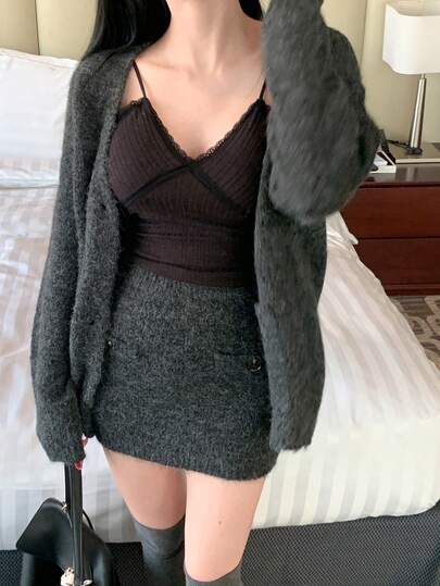 DAZY 女士纯色休闲韩版长袖开衫和纯色针织裙两件套