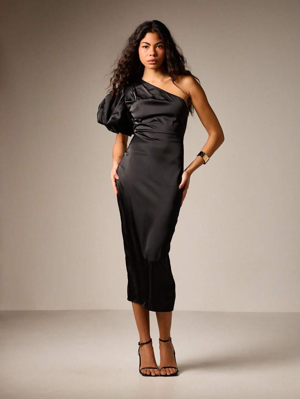 AiiRZ AiiRZ One Shoulder Puff Sleeve Midi Dress Satin Finish Bodycon Formal Evening Party Ruched Waist Detail Fall Winter Wedding Guest Prom,M