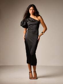 AiiRZ One Shoulder Puff Sleeve Midi Dress Satin Finish Bodycon Formal Evening Party Ruched Waist Detail Fall Winter Wedding Guest Prom - Black - View 1