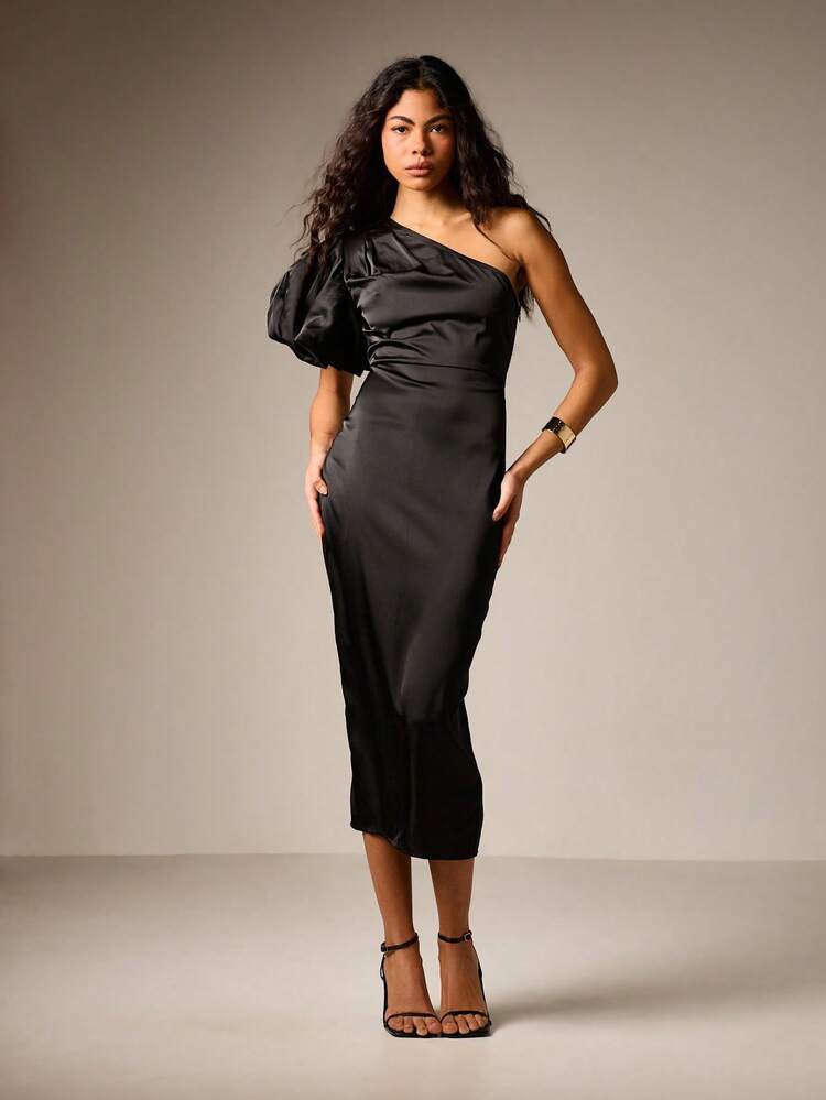 AiiRZ One Shoulder Puff Sleeve Midi Dress