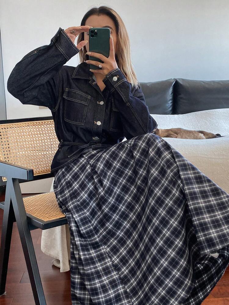 Women's Long Sleeve Single-Breasted Pocket Denim Shirt And Plaid Mini Skirt Casual Suit