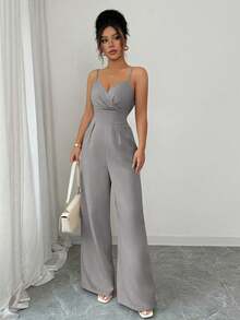 Elenzga 女士优雅纯色褶裥连体裤，收腰设计 - 灰色 - 查看 5