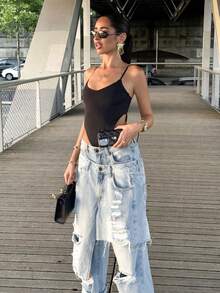 Yassique Quần Jeans Denim Baggy Fit Distressed Rách Viền Chồng Lên Nhau - Rửa nhẹ - Xem 2